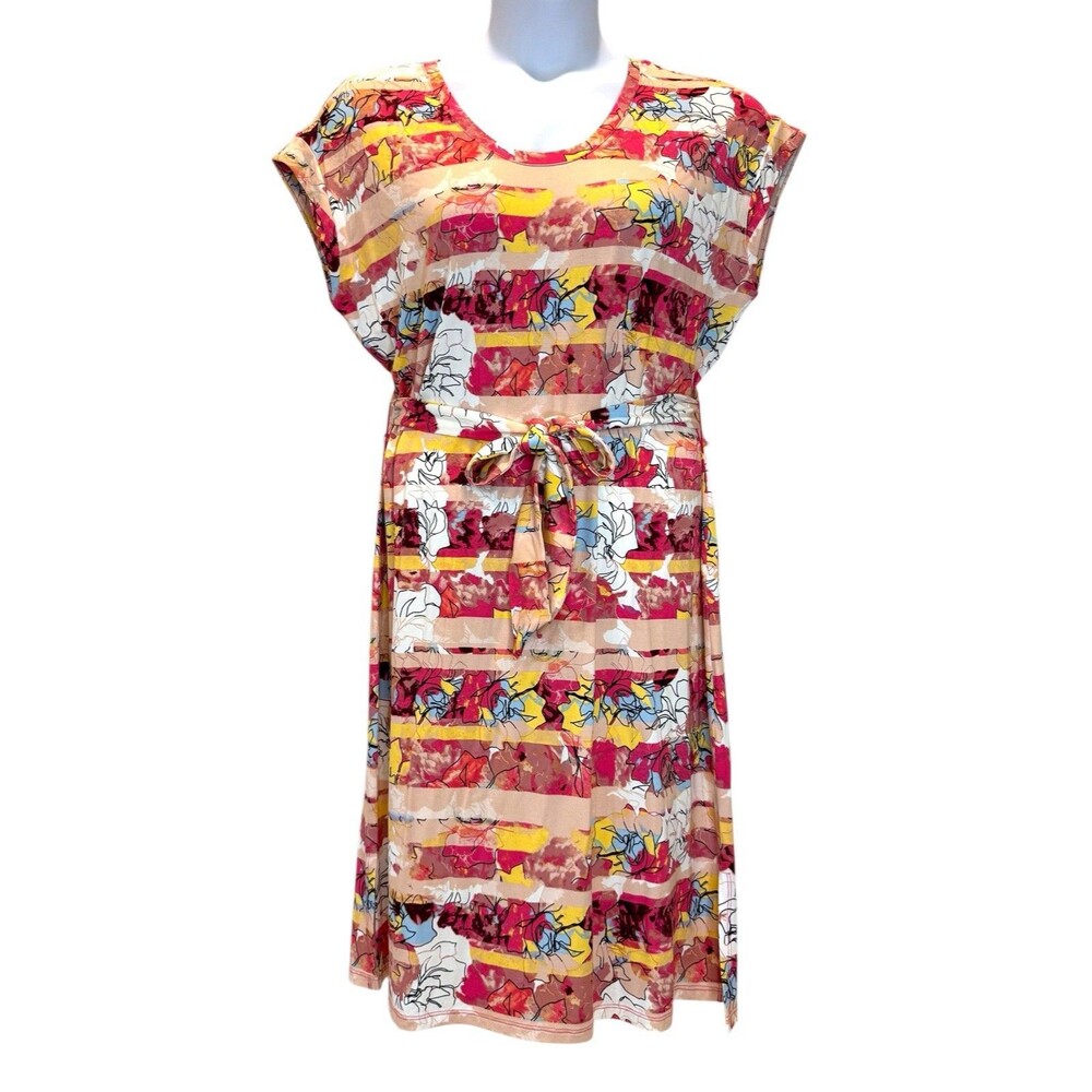 White House Black Market Womens Midi Dress Size L Large Floral Stripe Tie Waist